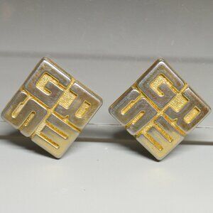 Vintage Gres Paris Logo Clip Earrings Gold Tone 1980's